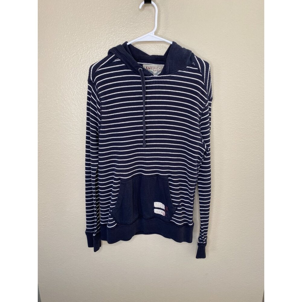 American Living‎ Womens Striped Navy Pullover Hoodie  Pocket M Cotton/Polyester